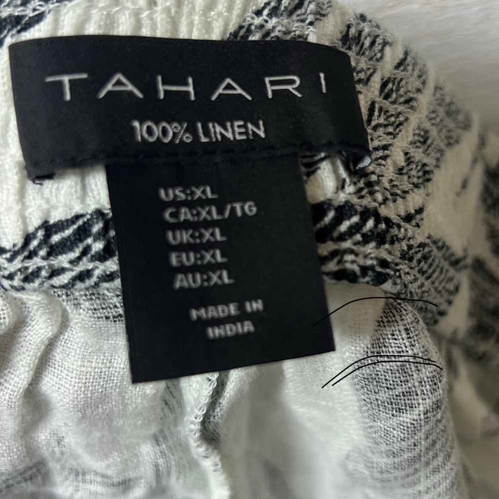 Tahari Wide Leg Linen Pants Womens Large Black White Tropical Pull On Resort - Picture 6 of 10